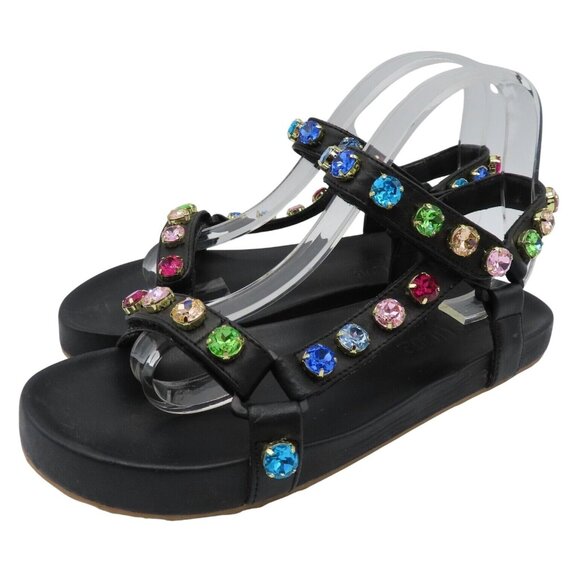 Mystique Stephanie Gottlieb Women 8 Rainbow Rhinestone Hook Loop Leather Sandals - Picture 1 of 12